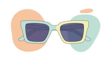A pair of stylish sunglasses featuring two-tone frames in light blue and yellow with dark lenses against abstract pastel shapes.