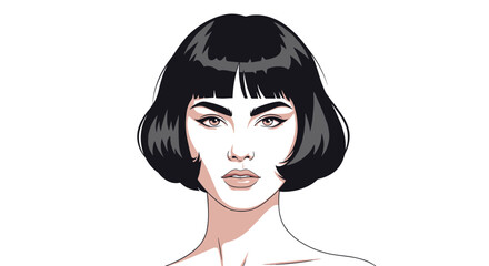 A captivating minimalist portrait of a woman with a chic short bob haircut and bangs exuding elegance and modern style.