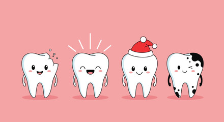 A charming set of four cartoon tooth characters illustrating various dental conditions from healthy to chipped and with cavities.