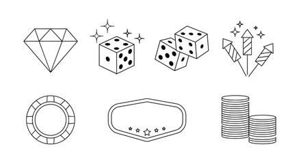 A collection of line art gambling and casino icons featuring a diamond dice fireworks a poker chip and stacks of coins.