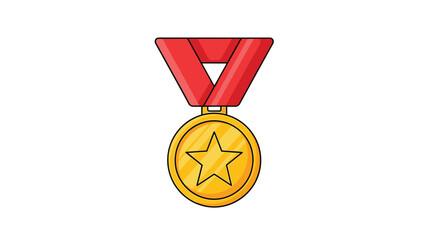 A shining golden medal with a prominent star hanging elegantly from a vibrant red ribbon symbolizing success and accomplishment.