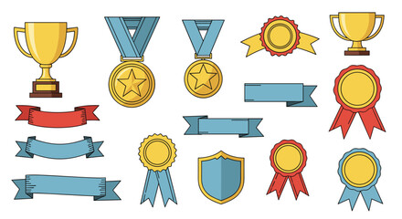 A comprehensive set of colorful award icons featuring golden trophies medals ribbons and a shield for recognition.