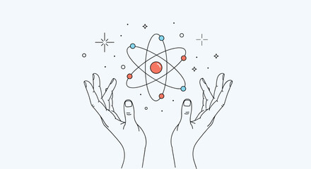 A detailed line art illustration of two hands gently holding a glowing atom with orbiting electrons and sparkling elements.