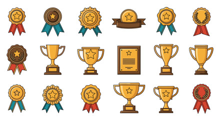 An extensive collection of colorful award icons featuring golden trophies medals with ribbons and elegant certificates.