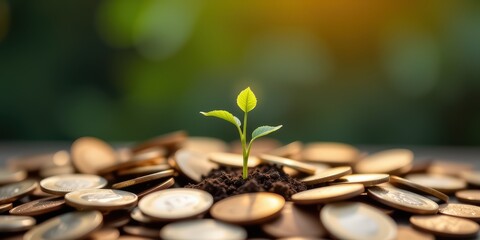 A small plant grows from soil surrounded by coins.