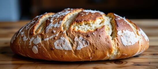Freshly baked artisanal bread on wooden surface showcasing crusty texture.