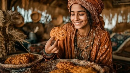 Woman serving pastries smiling indoor shot natural light cultural setting