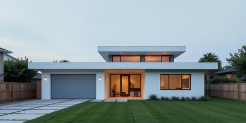 Contemporary house with large windows and modern design in a landscaped setting.