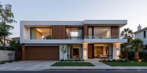 Modern two-story home with large windows and elegant wooden accents.