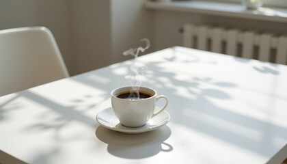 A steaming cup of coffee on a bright table with soft shadow play.