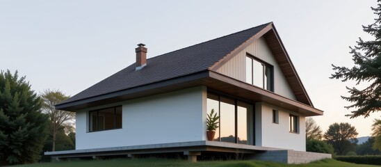 Modern house with large windows set in a natural landscape.