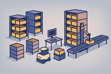 Automated logistics system featuring a conveyor belt, robotic arm, stacked boxes, and virtual workspace emphasizing modern supply chain efficiency