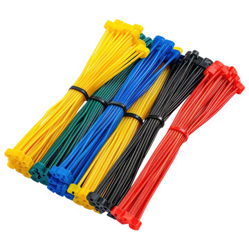 Vibrant Cable Ties Colorful Bundles of Yellow Green Blue Black and Red on a Dark Background for