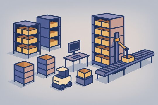 Automated logistics system featuring a conveyor belt, robotic arm, stacked boxes, and virtual workspace emphasizing modern supply chain efficiency