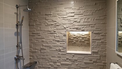 Modern shower with textured stone wall and minimalist design elements.