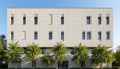 Modern building facade with symmetrical windows and greenery in front.