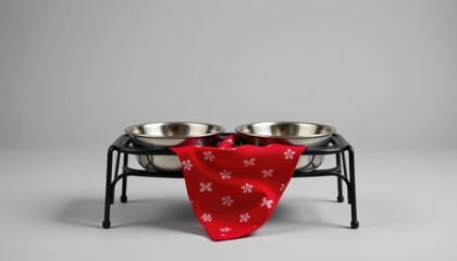Pet food bowls with a red cloth and decorative pattern on a neutral background.