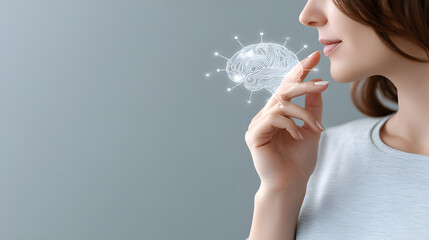 A woman contemplating with a 3D brain graphic concept in thought. The image represents the power of the mind and the exploration of the brain
