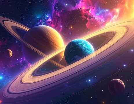 Digital cosmic art showing a planet with rings, a blue sphere, and a nebula backdrop - Powered by Adobe