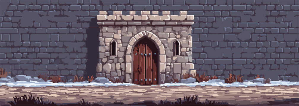 Antico cancello di pietra con porta di legno in un paesaggio invernale innevato, stile pixel art.