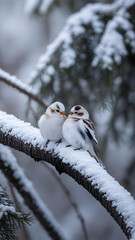 Snow buntings perching together on snowy branch in winter