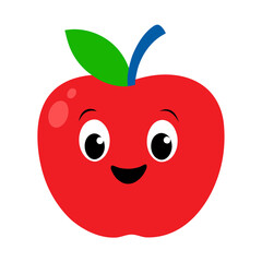 Cartoon red apple with a smiling face and green leaf on transparent background