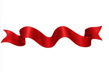 Red ribbon banner floating, showing a satin texture and wavy shape. Transparent background for easy layering