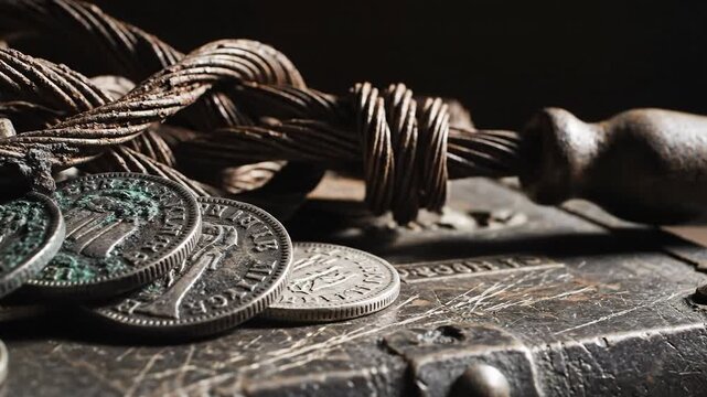 Close-up of Antique Coins on a Chest with Rope, a Nostalgic Treasure in the Shadows