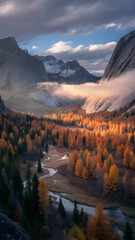 Valley revealing golden larch trees with mountains and river