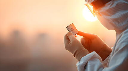an expert technician examining a microchip in a clean room, bathed in the soft glow of sunlight