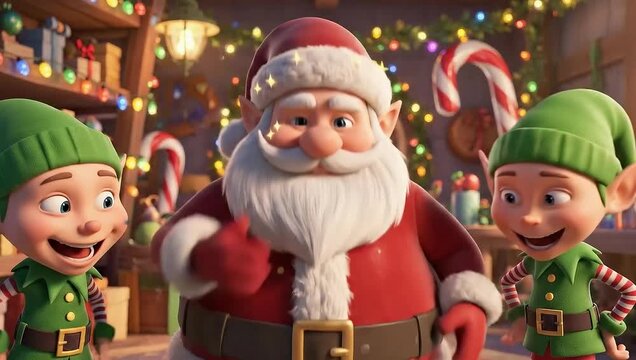 Santa Claus and his elves celebrating Christmas in a festive workshop.