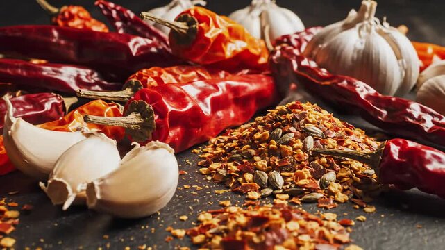 Close-up of Chili Peppers, Garlic, Spices, and Herbs on a Dark Surface for Culinary
