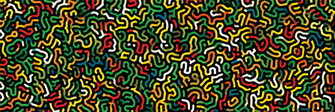 Un intricato motivo astratto con linee curve colorate su sfondo nero, ideale per sfondi e design grafici.