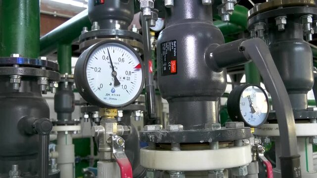 Pressure sensors, shut-off valves on the pipes of the mini-boiler room. Operation of a mini-boiler house, production of heat and hot water in mini-boiler rooms.