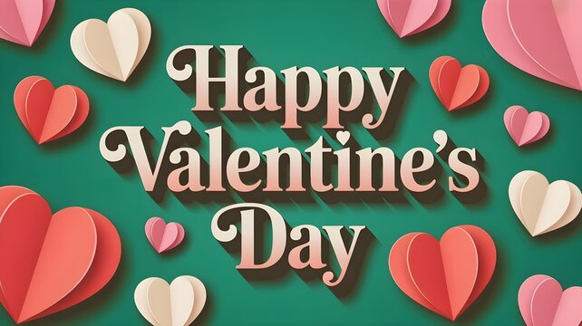 Festive happy valentines day text set against a deep teal background, adorned with a scattered pattern of red, pink, and white paper hearts