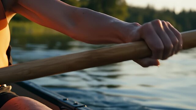 Person Rowing Canoe Across Calm Lake Surface at Sunset Light
