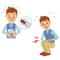 お腹が痛くて、汗だくになって、しゃがみ込む男性