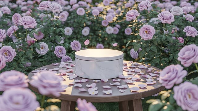 A rustic wooden table with a white podium centerpiece, adorned with abundant soft pink roses and scattered petals, evoking a romantic garden atmosphere