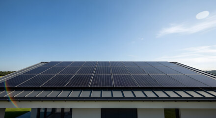 Fototapeta premium Modern house roof equipped with an array of efficient solar panels, harnessing clean energy from the sun on a bright day, symbolizing sustainable living and renewable power generation