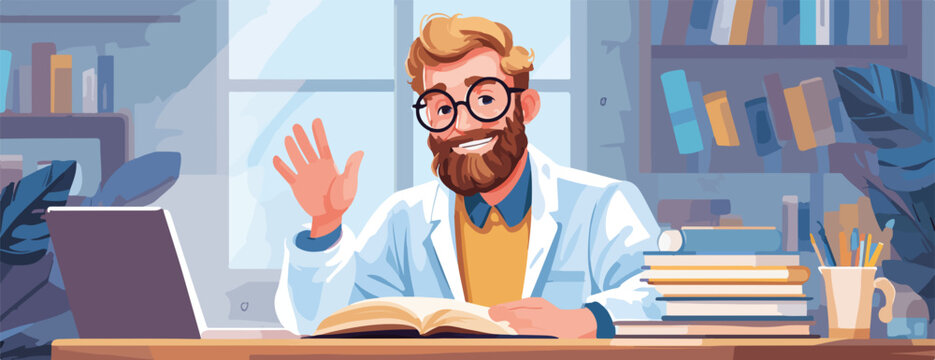 Professore barbuto con camice bianco saluta in videochiamata da studio con libri e laptop.