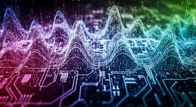 Stunning technology background with vibrant data waves and circuit board details for modern tech, AI, and digital communications projects