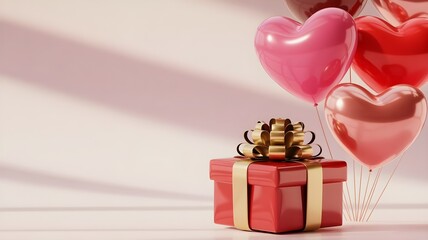 A red gift box with a golden ribbon sits on a surface, with a cluster of heartshaped balloons in pink and red floating above, symbolizing love, celebration, and surprise for valentines day