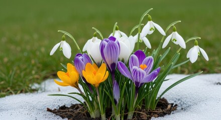 First Blooms of Spring Crocuses and Snowdrops Emerge from the Snow, Flowers, Winter, Emerging
