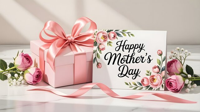 A beautiful pink gift box with a bow sits next to a card that says happy mothers day, surrounded by delicate pink roses and greenery