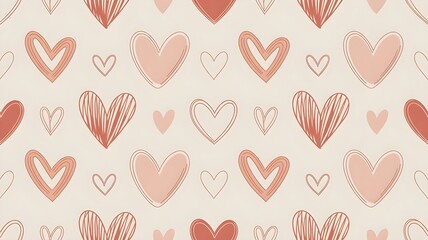 Seamless pattern of handdrawn hearts in various shades of pink and coral on a light beige background, perfect for valentines day or romantic themes