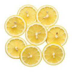 Overhead shot of a collection of sliced lemons, showcasing their vibrant yellow color and juicy texture.