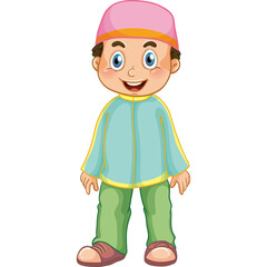 Smiling Cartoon Boy Wearing A Light Blue Shirt Green Pants And A Pink Cap Standing On A Transparent Background