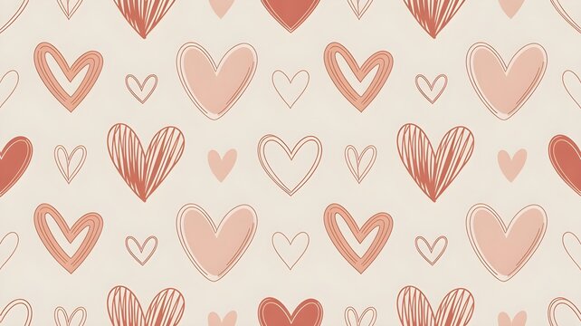 Seamless pattern of handdrawn hearts in various shades of pink and coral on a light beige background, perfect for valentines day or romantic themes - Powered by Adobe