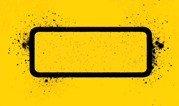 Cornice rettangolare nera con effetto grunge e spruzzi su sfondo giallo brillante, modello vettoriale.