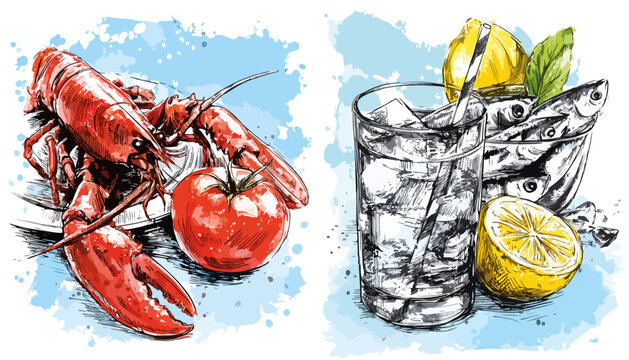 Illustrazione vettoriale di aragosta rossa con pomodoro e bicchiere di bevanda fresca con limone e pesce.